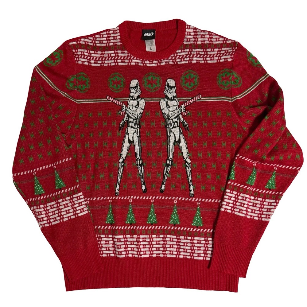 Mens Large Star Wars Stormtrooper Ugly Christmas Sweater Candy Cane Blasters
